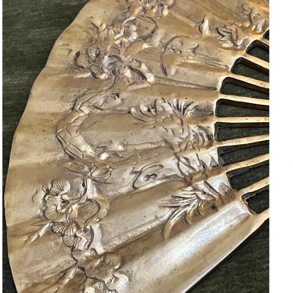 Vintage Brass Fans Set of‎ Two Embossed Dragon Phoenix Floral Taiwan